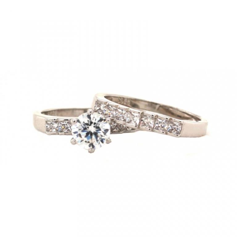 Micro Pave 925 Sterling Silver Bridal Set Rhodium Plating Cubic Zirconia