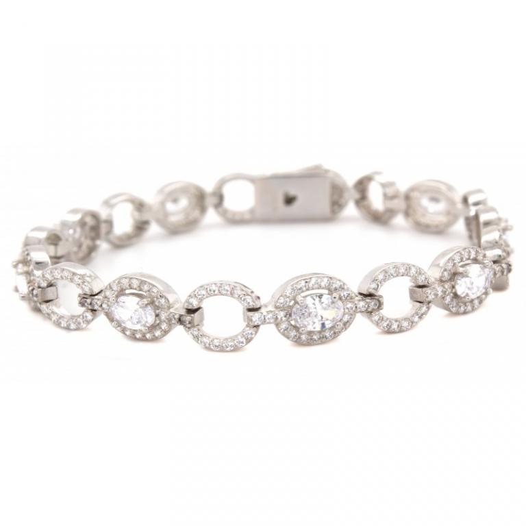 Micro Pave 925 Sterling Silver Bracelet Rhodium Plating With White Cubic Zirconia