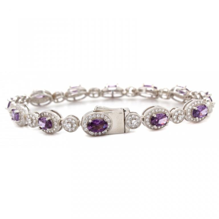 Micro Pave 925 Sterling Silver Bracelet Rhodium Plating Amethyst And White Cubic Zirconia