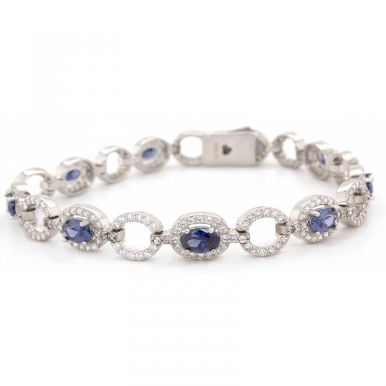 Micro Pave 925 Sterling Silver Bracelet Rhodium Plating With Tanzanite And White Cubic Zirconia
