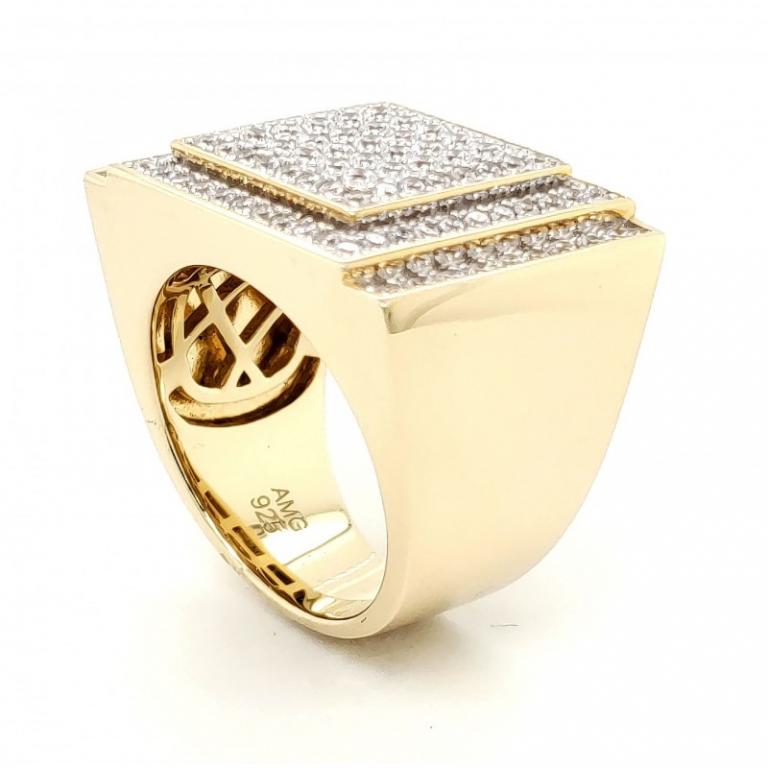 MICRO PAVE 925 STERLING SILVER MEN'S RING 14K YELLOW GOLD PLATING WITH CUBIC ZIRCONIA