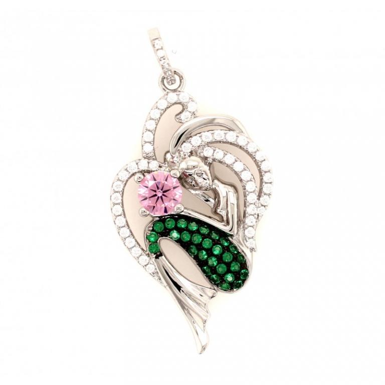 Mermaid Micro Pave 925 Sterling Silver Ladies Pendant Rhodium Plating With Cubic Zirconia