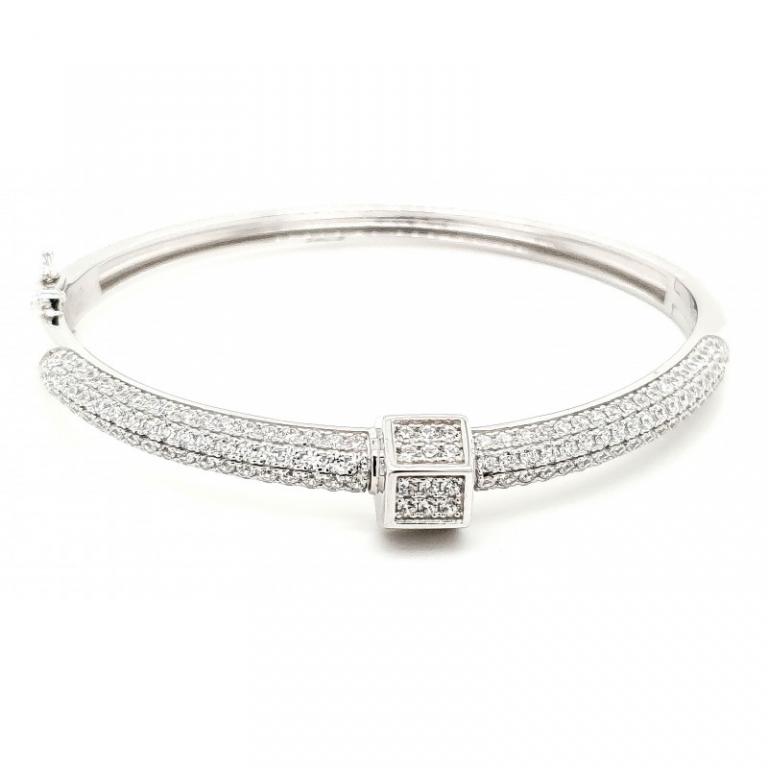 Micro Pave 925 Sterling Silver Bangle Rhodium With Cubic Zirconia