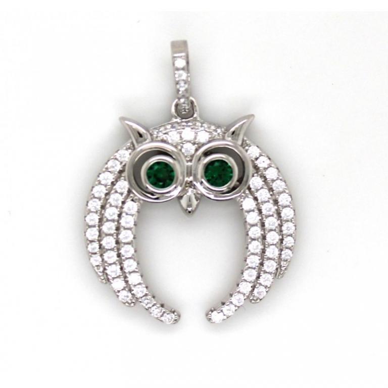 Owl Flying Micro Pave 925 Sterling Silver Ladies Pendant Rhodium Plating With Cubic Zirconia
