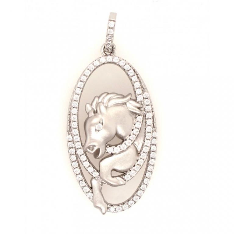 Horse Micro Pave 925 Sterling Silver Ladies Pendant Rhodium Plating With Cubic Zirconia