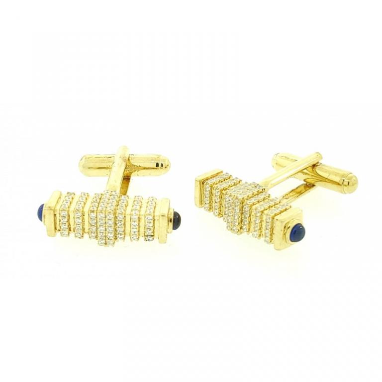 Micro Pave 925 Sterling Silver Men's Cuff Links 14K Yellow Gold Plating With Blue Sapphire And White Cubic Zirconia