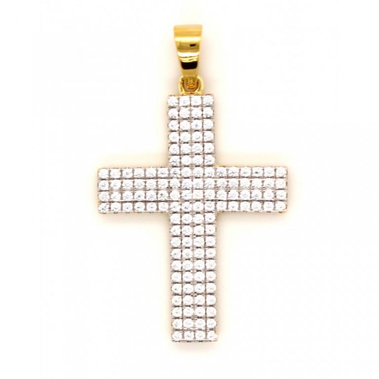 Golden Cross Micro Pave 925 Sterling Silver Pendant 14K Yellow Gold Plating With Cubic Zirconia