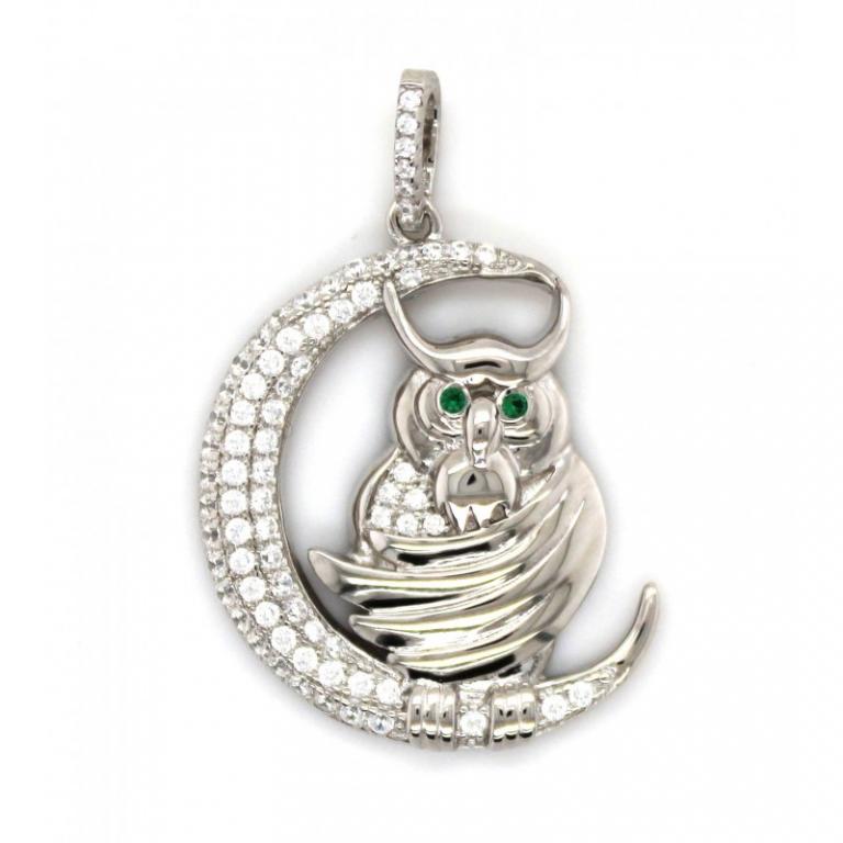 Owl Micro Pave 925 Sterling Silver Ladies Pendant Rhodium Plating With Cubic Zirconia