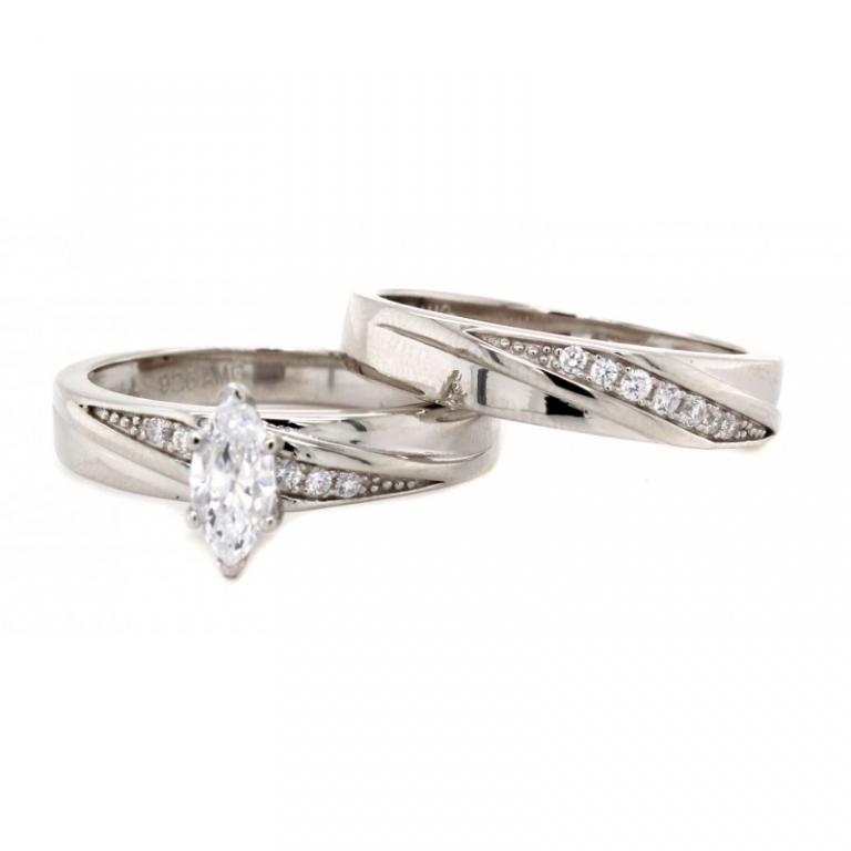 Micro Pave Sterling Silver Bridal Set Rhodium Plating With Cubic Zirconia