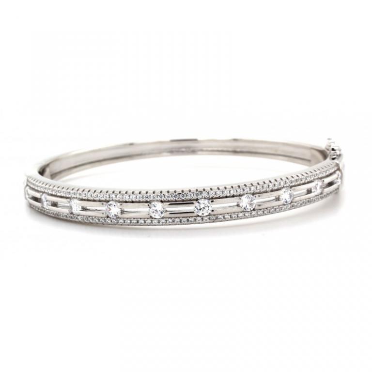Micro Pave Sterling Silver Bangle Rhodium Plating With Cubic Zirconia