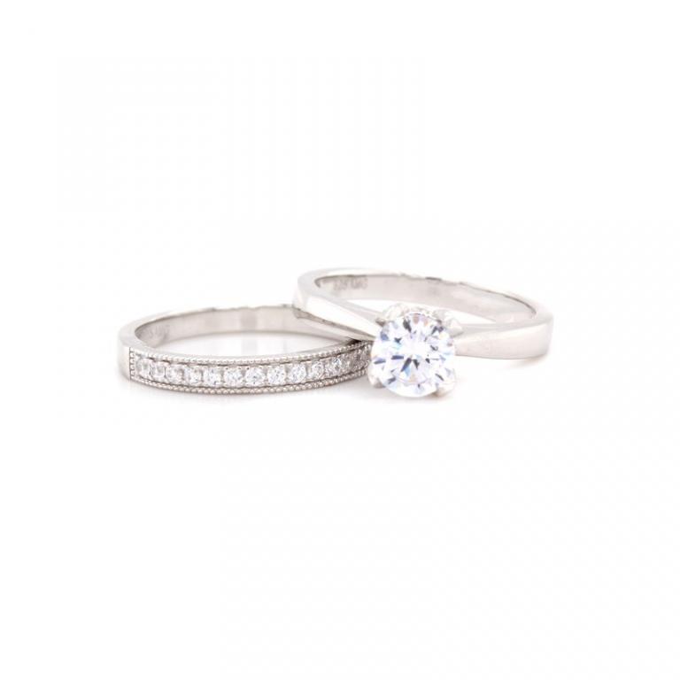 Micro Pave 925 Sterling Silver Bridal Set Rhodium Plating With Cubic Zirconia